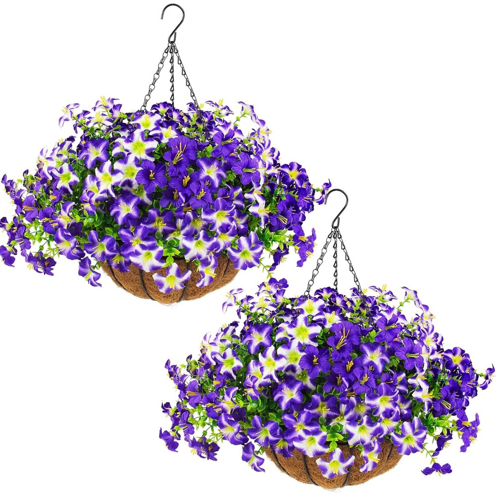 Home Decor Tulip - Petunias Moradas Sedosas con Cestas Colgantes,