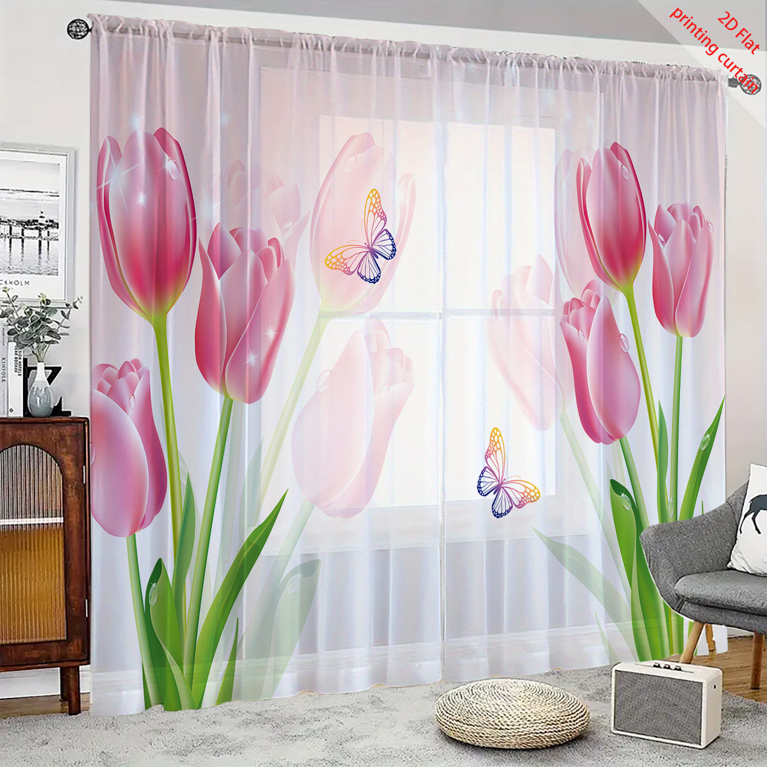 Home Decor Tulip - Cortina de gasa transparente con estampado
