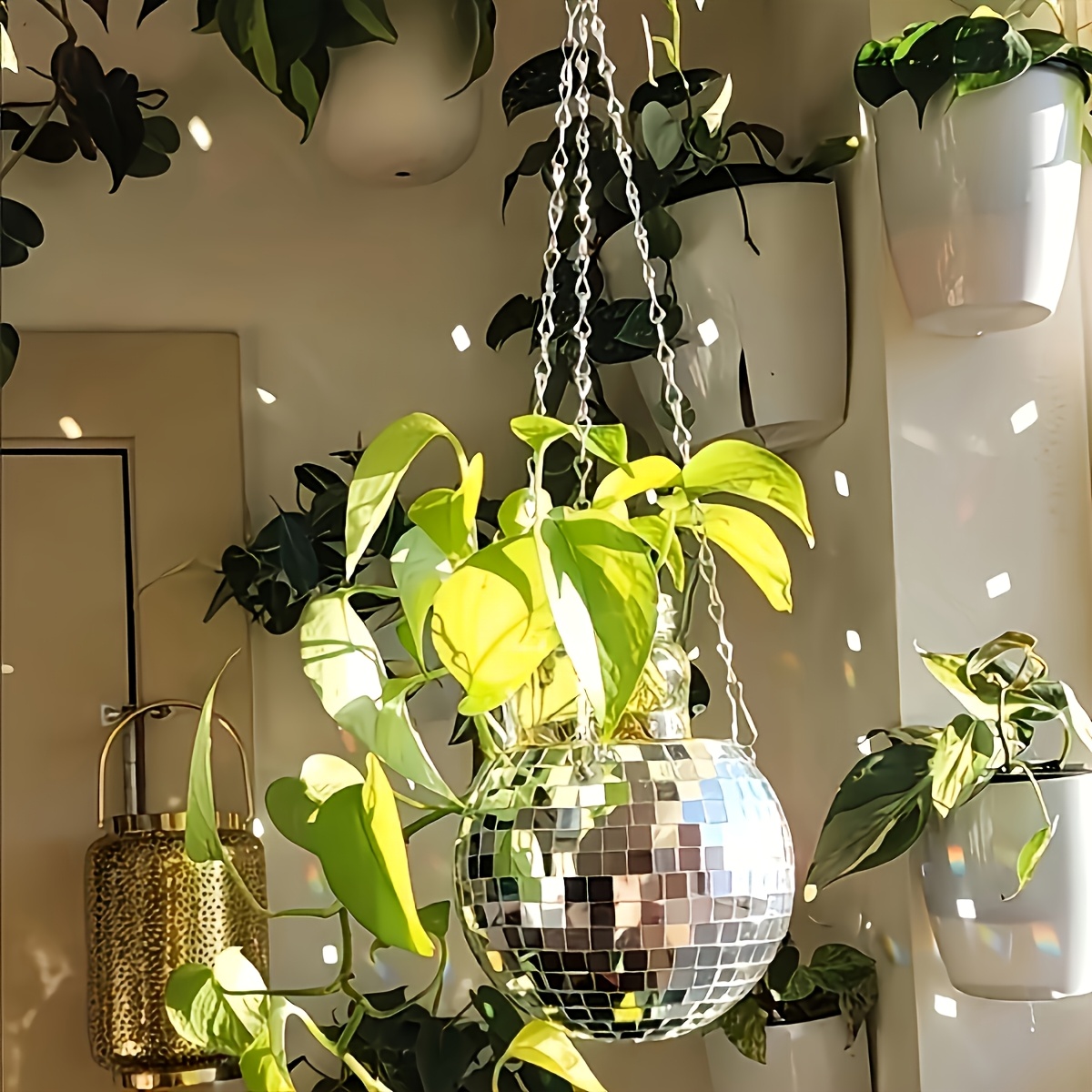 Woven Wall Basket - Maceta Colgante con Espejo Estilo Discoteca,